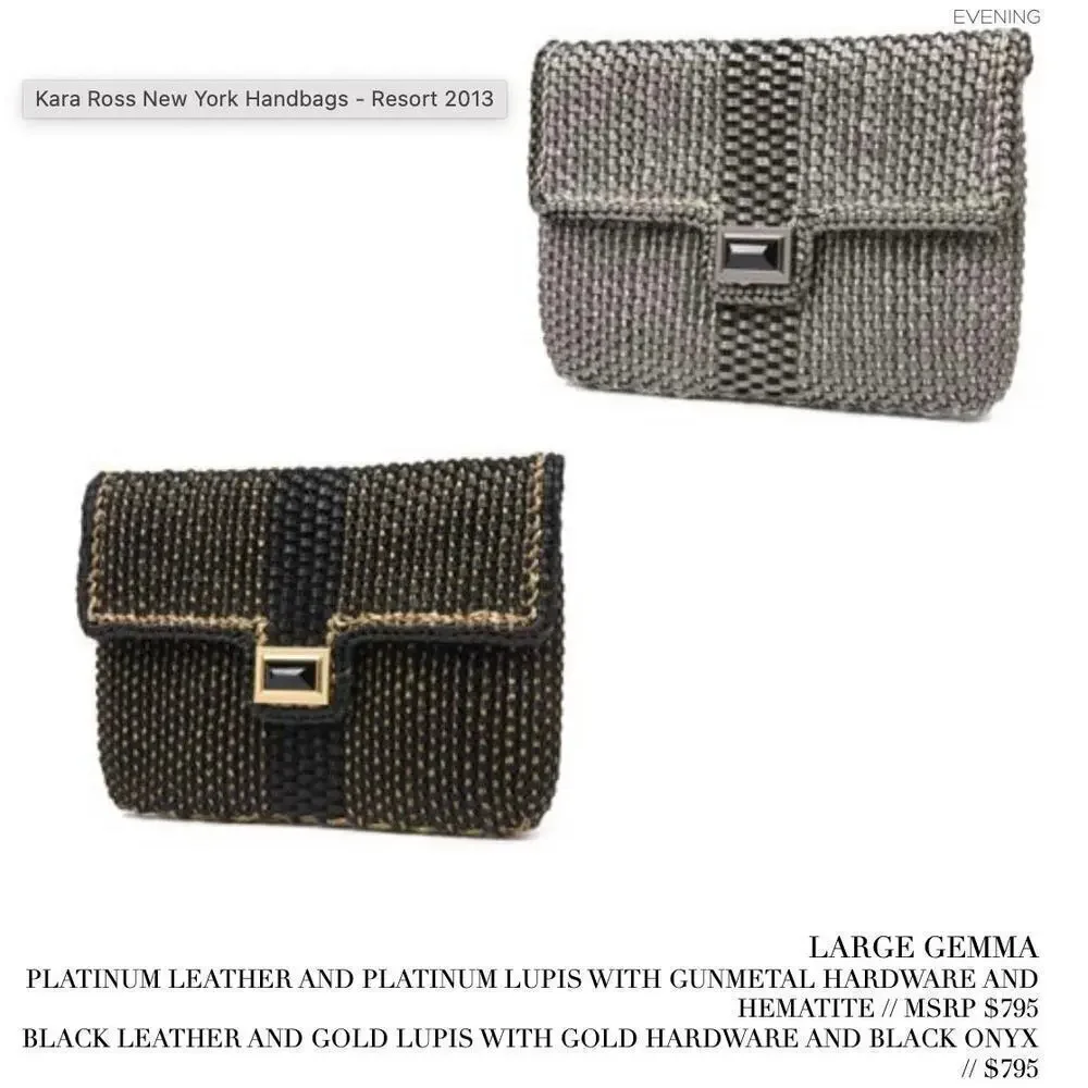 Kara Ross NY Woven Straw Black Leather Onyx Embellished Envelope Clutch Handbag